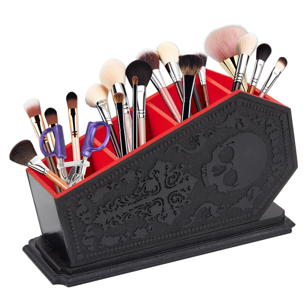 Xwzmr Gothic Coffin Decor Makeup Brush Holder Spooky Witchy Gifts For Women Skull Cosmetic Display Cases Goth Decor Pen Holder Vanity Desk Office Organi