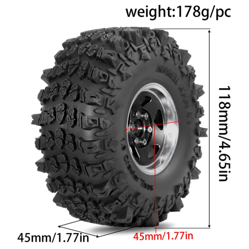 4 Rodas de metal de 1,9 polegadas com pneus de 118 mm de diâmetro externo para Axial Black 2