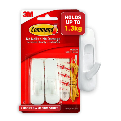 3M Command Medium Utility Haken, Schadevrije Wandhaken met Plakstrips