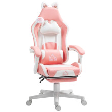 Pink/White Cat Ear and Paw Reclining Office Chair with Footrest - Ergonomic Soft Fabric Adjustable Cozy Gaming Desk Chair
