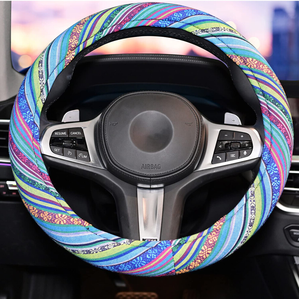 Lsauto Universal 15Inch Ethnic Style Baja Blanket Steering Wheel Cover With Coarse Flax Cloth And Sweat Absorption Anti Slip Car Wrap (Boho ) Blue 709175469345