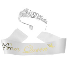 White Crown with Comb and Prom Queen Satin Sash for Party Women