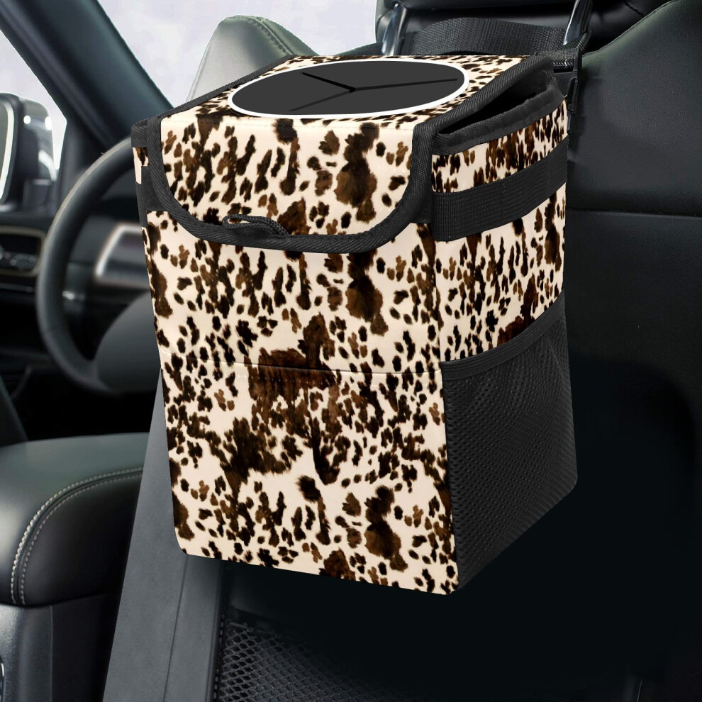 Gactivity Western Cow Print Car Trash Can With Lid Collapsible Reusable Waterproof Automotive Garbage Can Brown 8159802887240