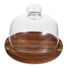 2Pcs Household Cake Display Stand Wood Tray with Glass Dome for Party