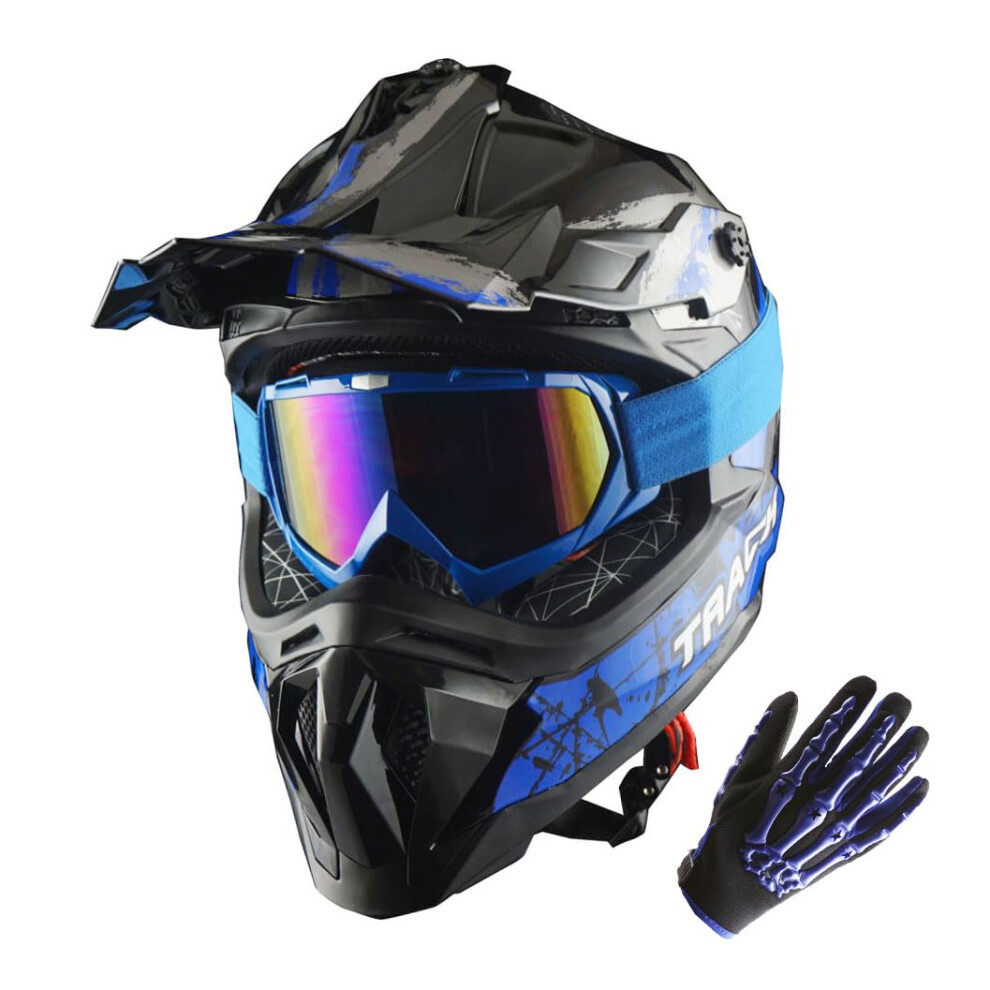 1Storm Adult Motocross Helmet Atv Dirt Bike Bmx Mx Downhill Mountain Helmet Track Style Jh601 Track Goggles Skeleton Glove Bundle Blue 840036854488