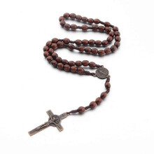 Christian Handmade Wooden Catholic Rosary Necklace, Prayer Beads Holy Soil Medal & Cross