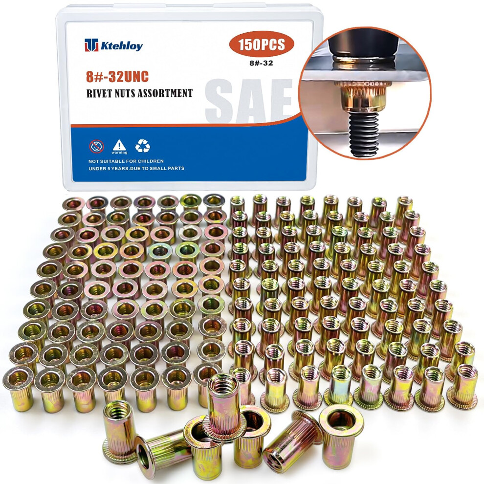 Rivet Nut Ktehloy 150Pcs 8-32UNC Carbon Steel Flat Head Rivnut Threaded Insert Nut Zinc Plated Carbon Steel Nut Inserts Knurled Body (8-32)-image-OPC-PK2YT2K-NEW