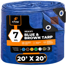 Xpose Safety 20 x 20 Heavy Blue/Brown Tarp - Vandt?t - 7 Mil Vejrbestandig Camping Tarp til Telt Regn Vind & Sol - Plast Presenning Overtr?k Uden