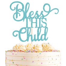 AHAORAY Bless This Child Cake Topper Bleu Ciel Paillettes Chlid Baptme Gteau Dcoration Fourniture Smash Cake Topper pour la Premire Fte de S