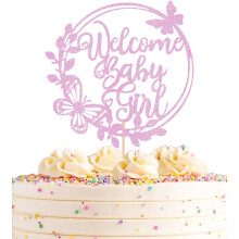 AHAORAY Welkom Baby Girl Cake Topper - Roze Glitter Baby Douche Taart Decoraties Baby Girl Cake Topper voor Baby Douche/Verjaardagsfeestje/Gender Rev
