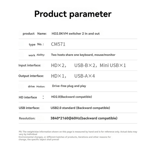 Διακόπτης KVM συμβατός με HDMI 4K@60Hz Διακόπτης USB 2.0 Έξοδος 2 σε 1 2