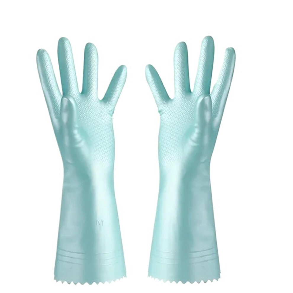 Cleaning Gloves Fleece-Lined Latex Rubber Dishwashing Laundry Gloves Dual-Color Block Design Flocking Short Blue-image-OPC-PKBYHYH-NEW
