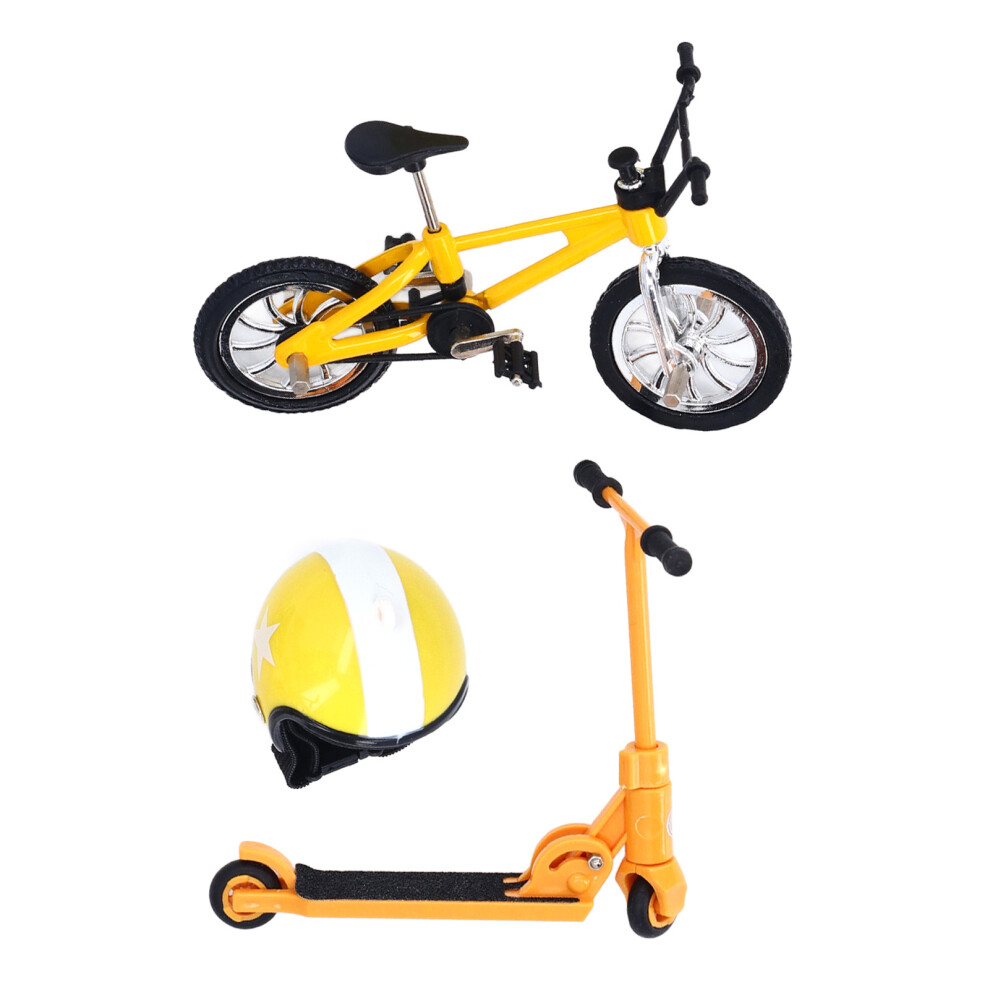 Miniature Yellow Bike Scooter Set with Helmet for Dollhouse Garden Decor