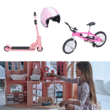 Miniature Pink Bike Scooter Set with Helmet for Dollhouse Garden Decor