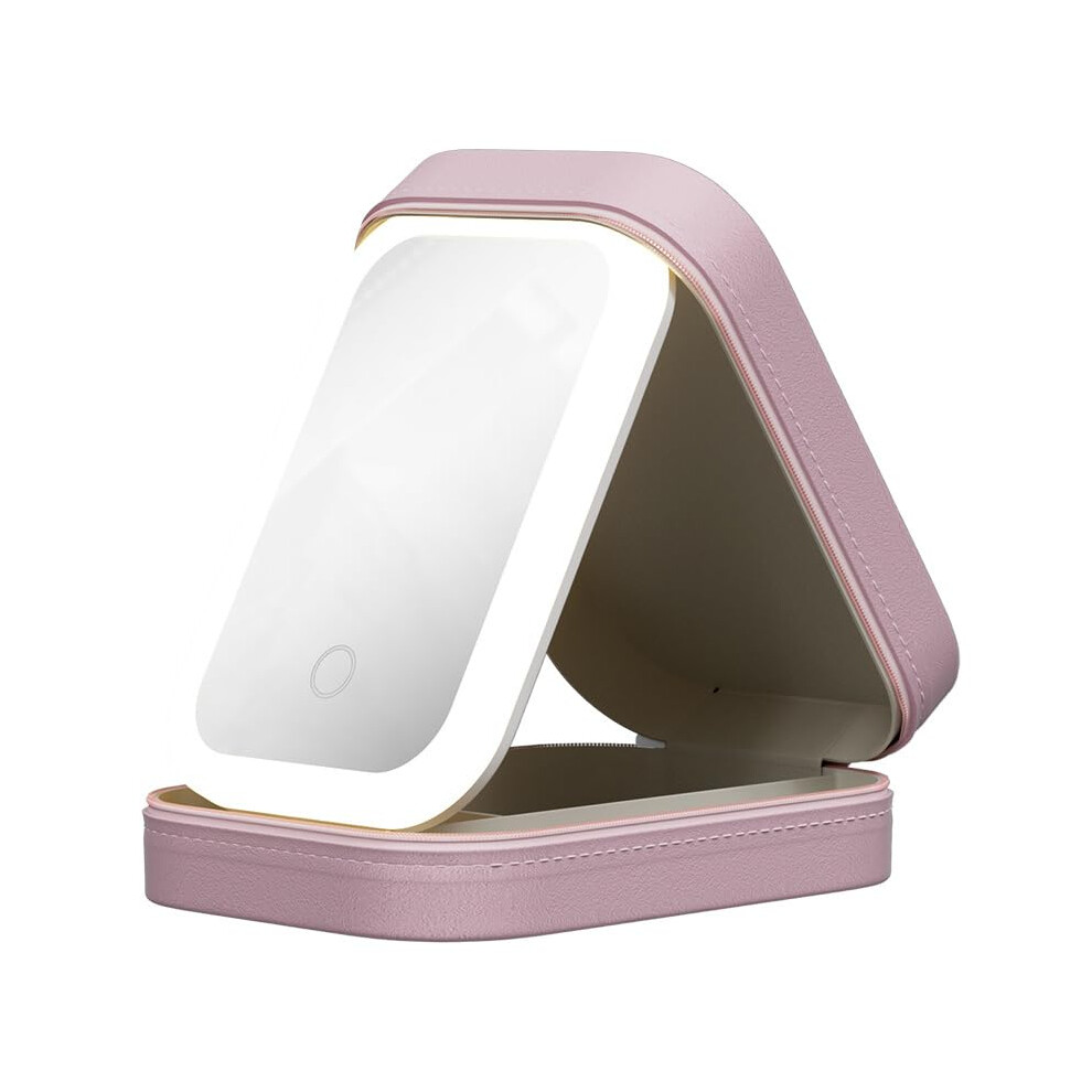 LED Light Mirror Makeup Storage Box with Adjustable Brightness; Portable PU Leather Travel Cosmetics Organizer for Jewelry and Makeup