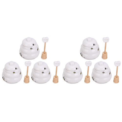 6Pcs Honey Jar with Dipstick and Lid Ceramic White Bee Pattern Kitchen 2
