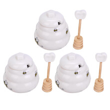 6Pcs Honey Jar with Dipstick and Lid Ceramic White Bee Pattern Kitchen