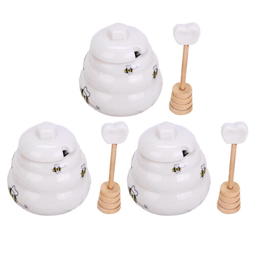 6Pcs Honey Jar with Dipstick and Lid Ceramic White Bee Pattern Kitchen