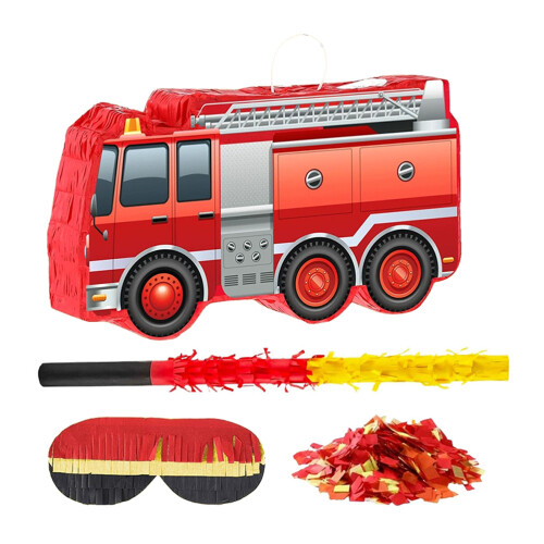 1 Set Fire Truck Pinatas with Blindfold Bat and Confetti