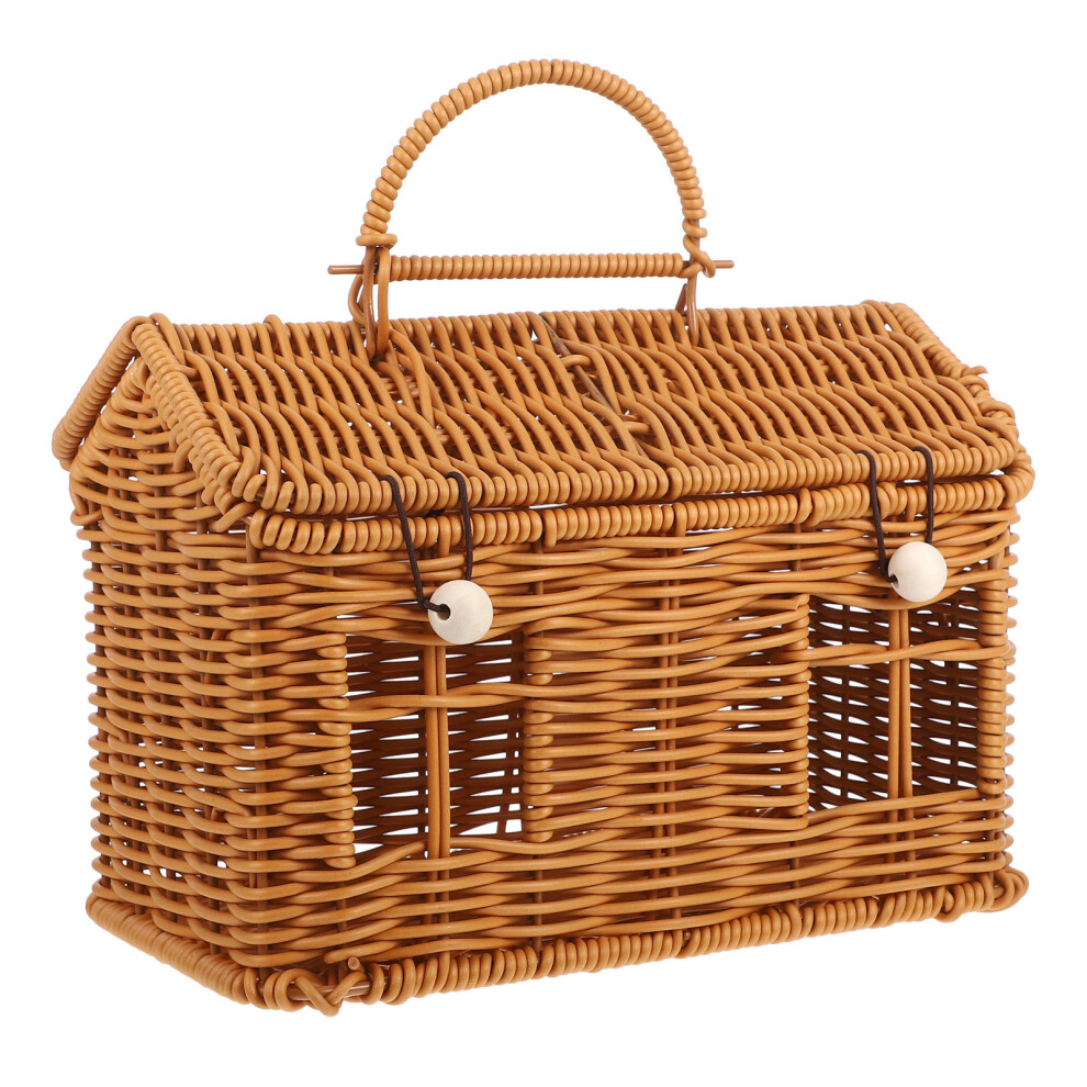Handwoven Rattan House Shaped Basket with Lid Wicker Bag