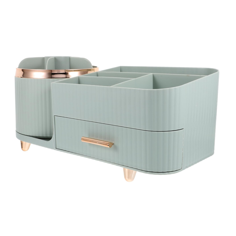 Light/Blue Rotating Makeup Brush Holder With Drawer, Multi-Compartment Desktop Organizer For Vanity, 34.5X16x15.5cm