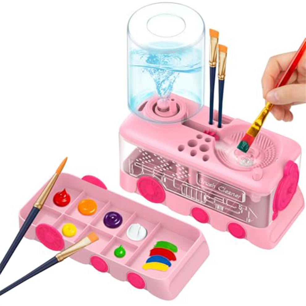 Upgraded Cartoon Paint Brush Cleaner With Tray, Holder & Drain Pink 4713049683931