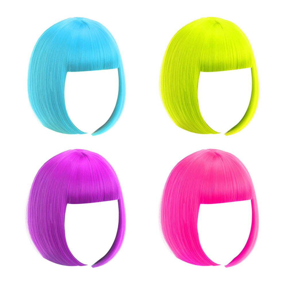 Liuliubty Short Bob Wig 4 Pieces Colorful Wigs 12"""" Cosplay Wigs With Flat Bangs Neon Colored Wig For Women Party Favors Bachelorette Party Night