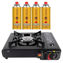 (Camping Stove with 4 Butane Cans) Portable Camping Gas Stove | Single Burner Outdoor BBQ Cooker for Butane Bottles