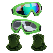 LJDJ motorbril 2-pack crossmotor ATV motorcross rijden wandelen beschermend met 2-pack nek ademend bandanamasker (groen/helder + kleurrijke lenze