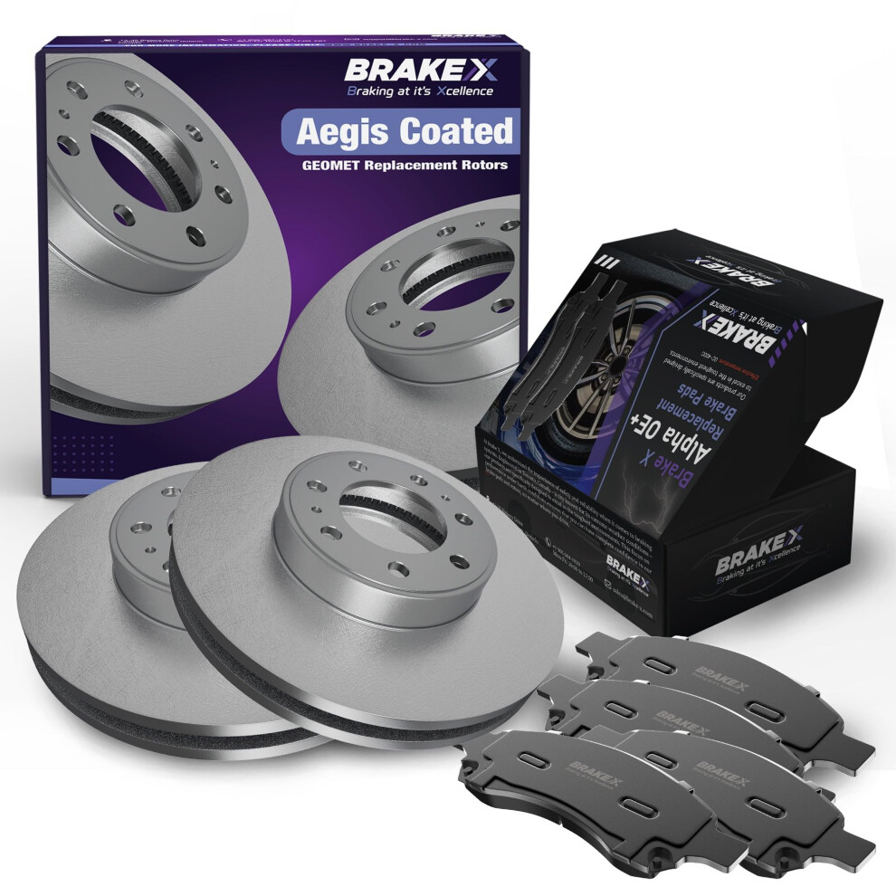 Brake X Rear Brake Pads and Rotors Kit replacement for 2017 Volkswagen Beetle AEGIS GEOMET Coated Rotors and Alpha Ceramic Brake Pads