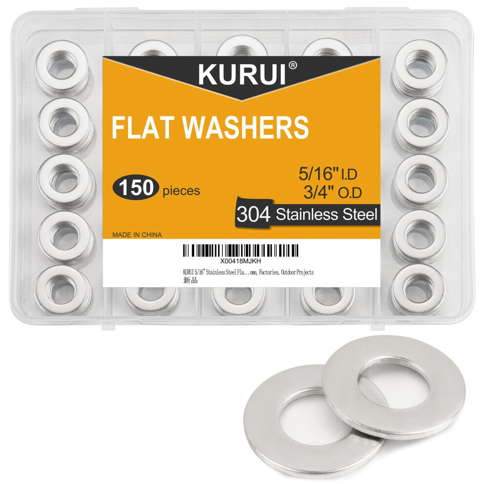 KURUI 5/16"""" Stainless Steel Flat washers (150 Pcs) Metal Washers for Screws Bolts 3/4"""" OD 18-8 (304) Washer for Various Home Factories Outdoor-image-OPC-PK2YWXX-NEW