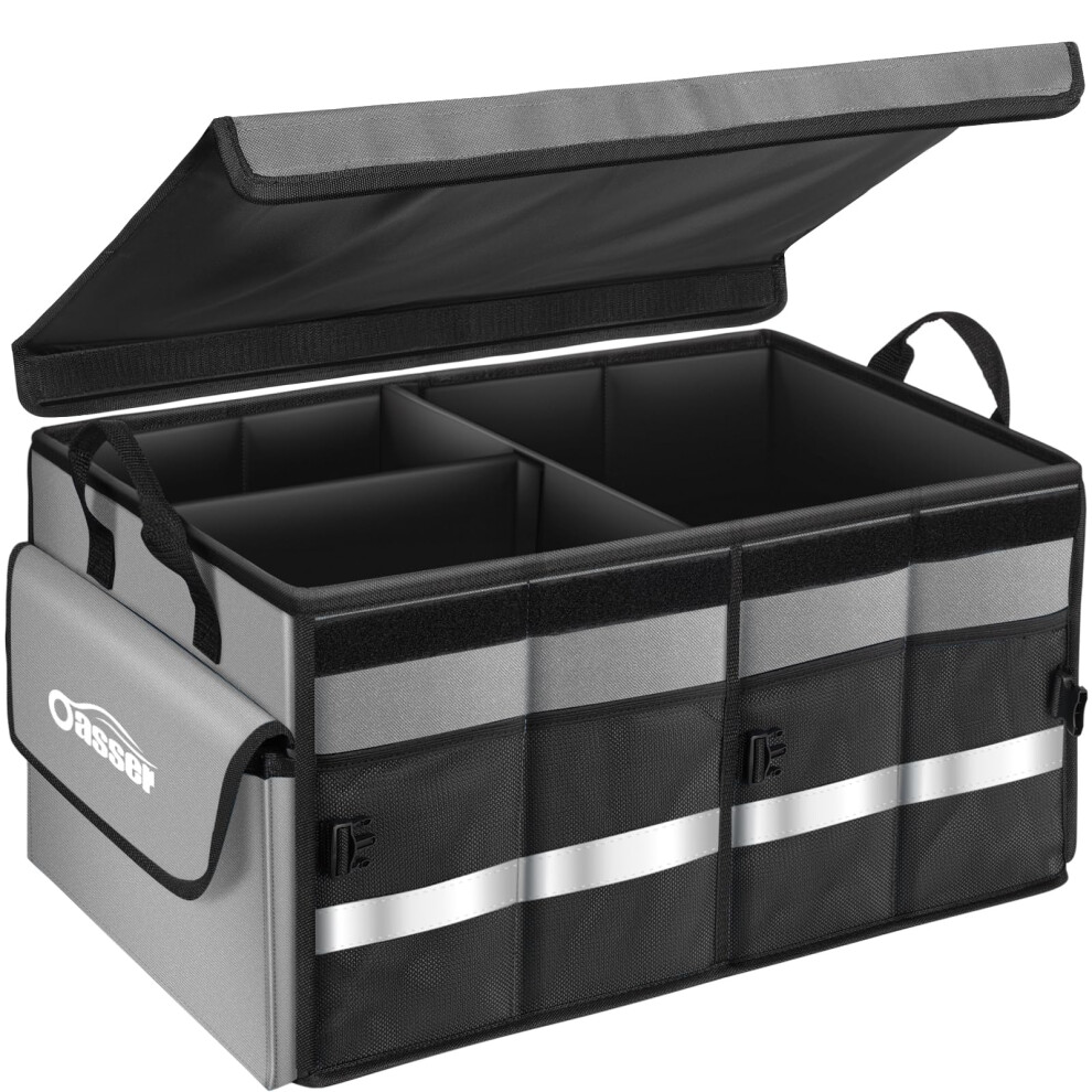 Oasser Car Trunk Organizer Collapsible Multi Compartments Suv Trunk Organizer With Reflective Strip Foldable Cover Standard Grey 6972988558818