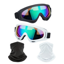LJDJ Motorcycle Goggles 2 Pack Dirt Bike ATV Motocross Riding Hiking Protective with 2 Pack Neck Breathable Bandana Mask (Black+White/Colorful)