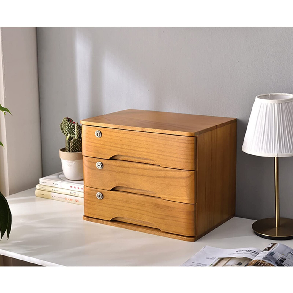 Wood Desktop Organizer Cabinet - 3 Drawer Solid Wood File Cabinet with Lock, Multilayer Desktop Storage Box in Color B-image-OPC-PKC7TQK-NEW