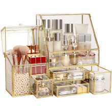 UShioart Grand tiroir de rangement en verre pour maquillage, rangement de beaut, comptoir de salle de bain, prsentoir cosmtique avec perle (40