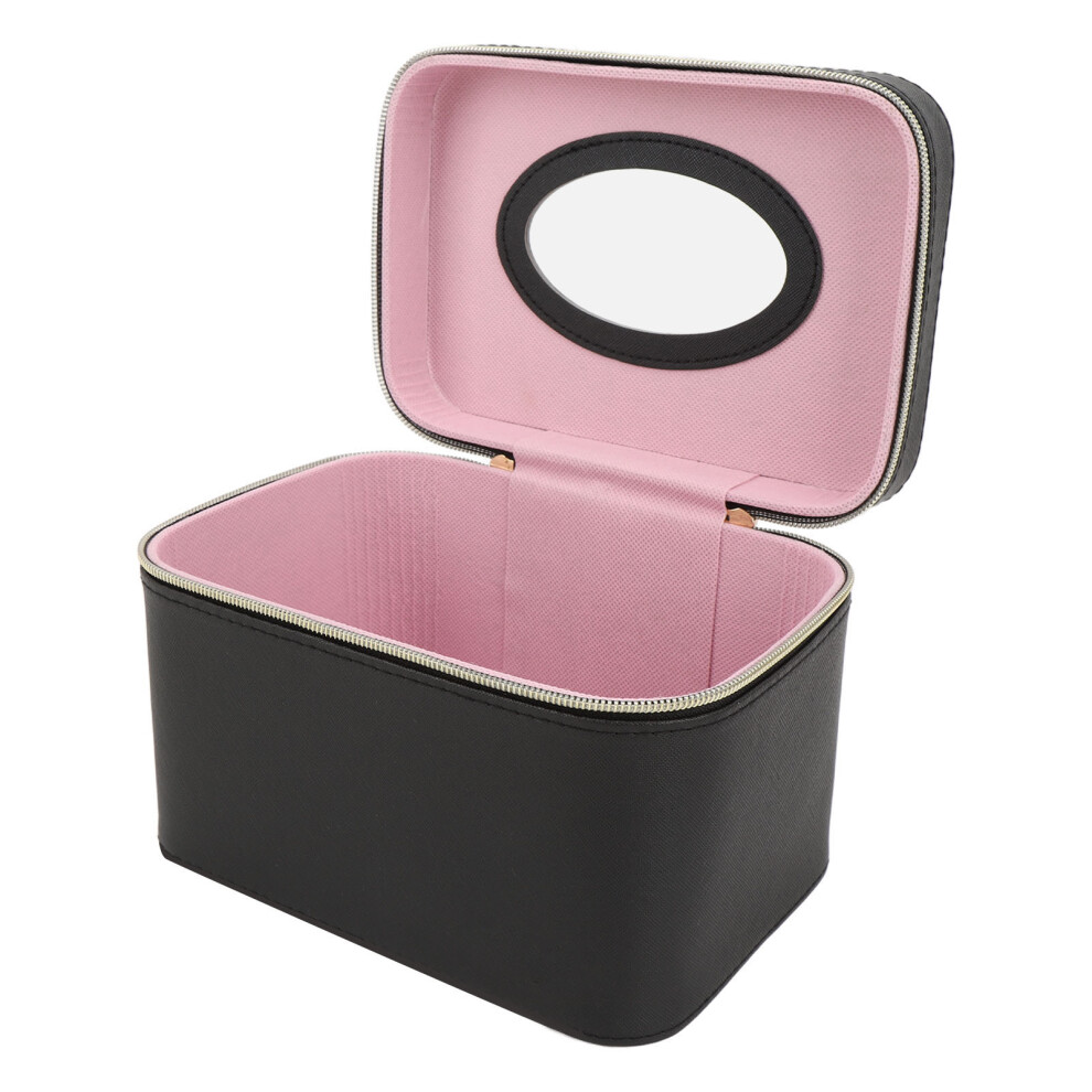 Large Capacity PU Leather Makeup Bag with Mirror, Travel Portable Black M