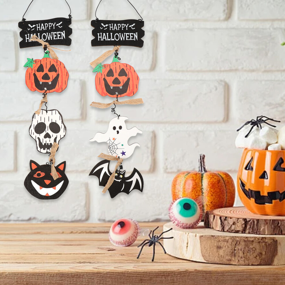 2 Pcs Wooden Halloween Hanging Signs Ghost Bat Skull Pumpkin for Door Yard Decor-image-OPC-PKC8Q8Q-NEW