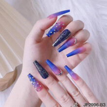 Fantasy galaxy gradient light blue point drill coffin nail fake nail sticker wearing armor