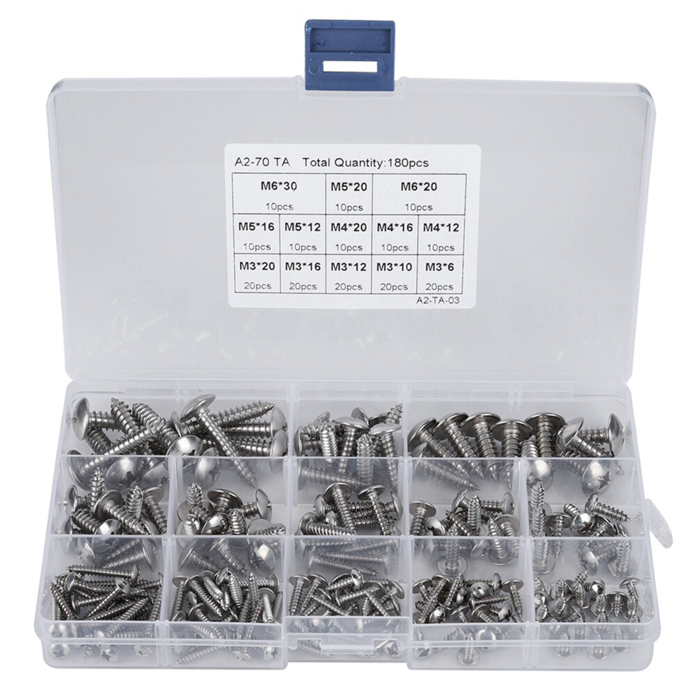180Pcs M3 M4 M5 M6 Stainless Steel Flat Head Self