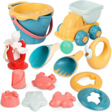 Beach Toys Set for Kids - 16pcs Sand Molds, Water Wheel, Bucket - Outdoor Games, Sandbox Toys - with Mesh Bag