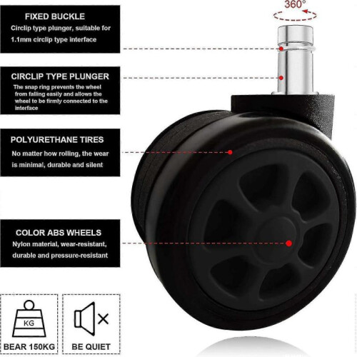 Gaming Chair Casters - Replaceable Replacement Wheels with Anti-fall Function - Smooth Gliding - 5 Pieces/Set - Black 2