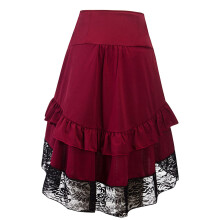 Dress Lace Party Gothic Patchwork Skirt for Women, Red Denim Skirt with Slit, Size L, Stylish Gothic Fashion