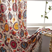 (Sunflower, W59inch*H63inch) Boho Sunflower Print Tassel Decor Curtain, 1 Piece Vintage Style Semi-blackout Window Curtain for Home Living Room Bedroom Room Decor