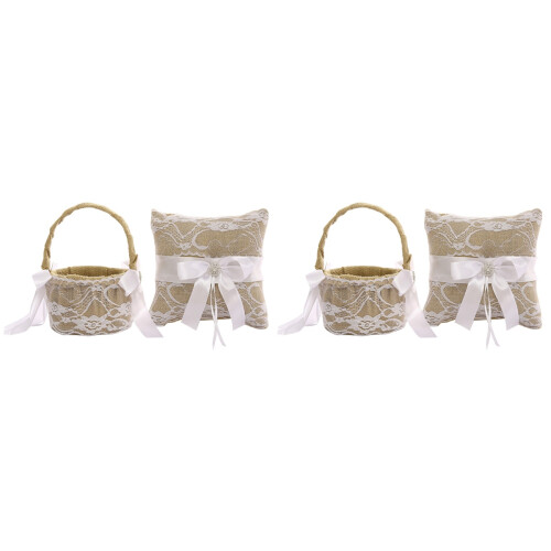 2 Sets Linen Wedding Ring Pillow Lace Bowknot Cushion 1