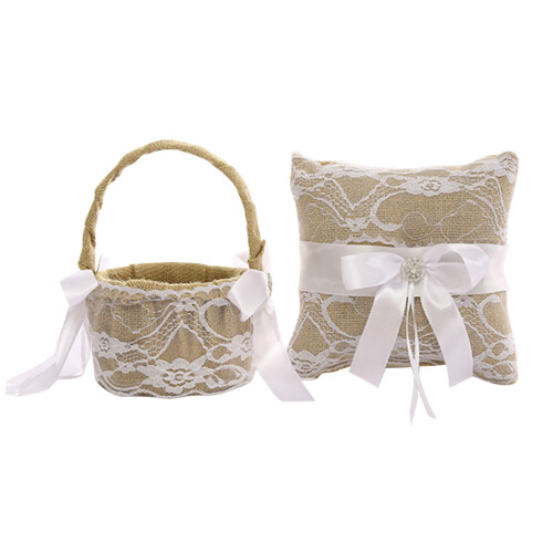 2 Sets Linen Wedding Ring Pillow Lace Bowknot Cushion