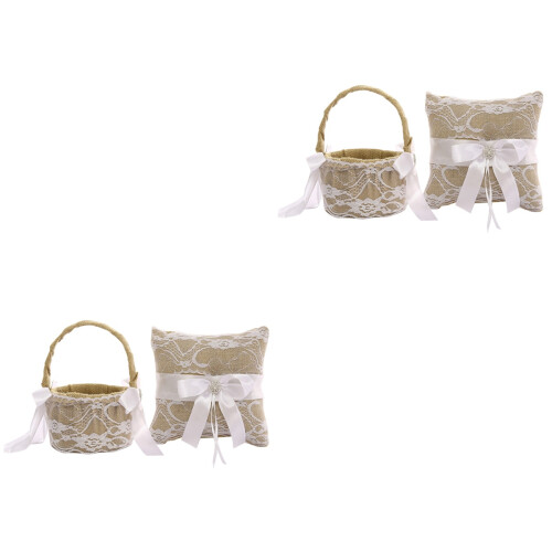 2 Sets Linen Wedding Ring Pillow Lace Bowknot Cushion 2