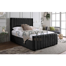 (4ft, With Ottoman, With Mattress ) Ottoman Storage Bed Panel Black Plush Velvet Upholstered Bed Frame - Winged Vegas Headboard
