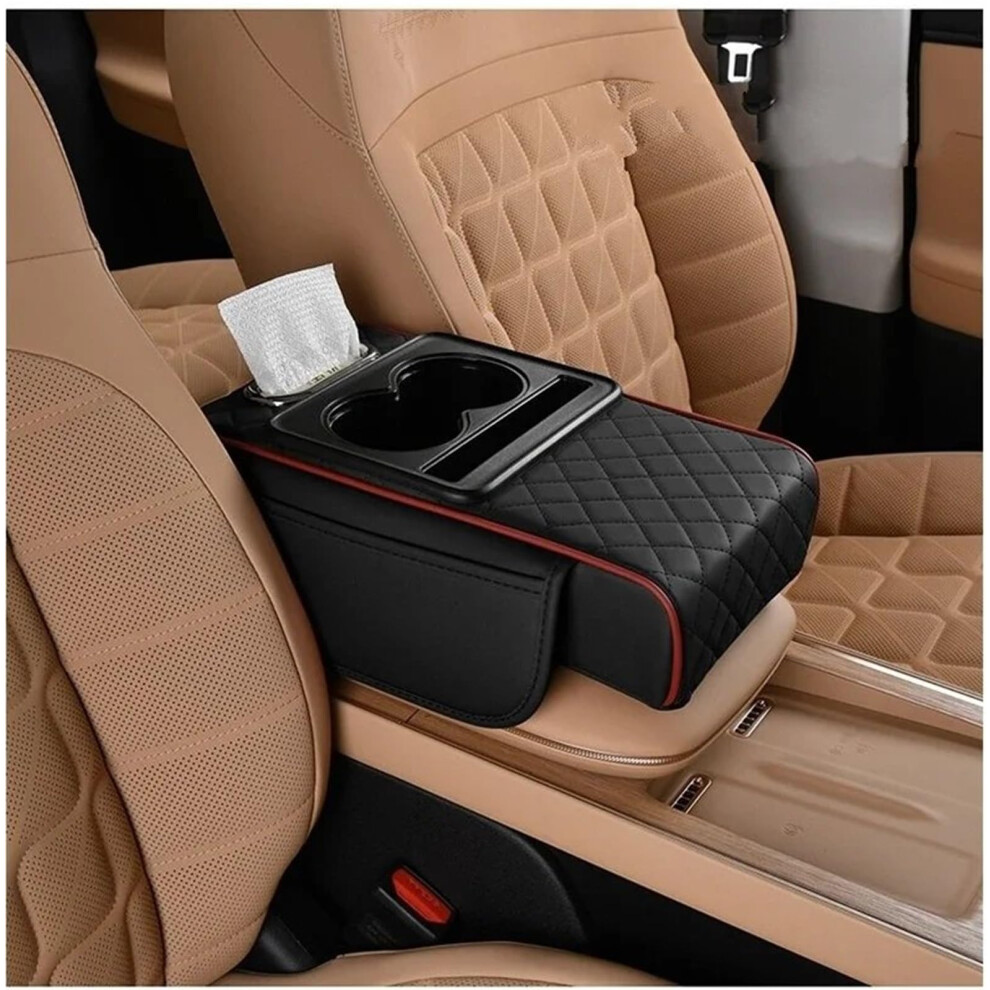 Armrest Storage Box Auto Center Console Cushion With 2 Cup Holders, Heightening Pad, Cover For All Seasons Red 6038364163738