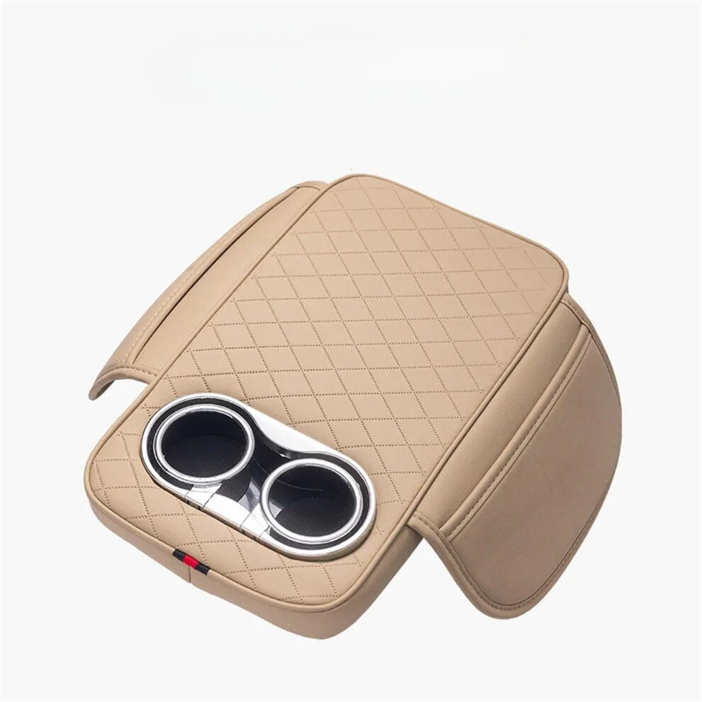 Armrest Storage Box For Car Center Console, Pu Cushion With 2 Cup Holders, Side Pocket, Heightened Pads Cover Beige 9016109682512