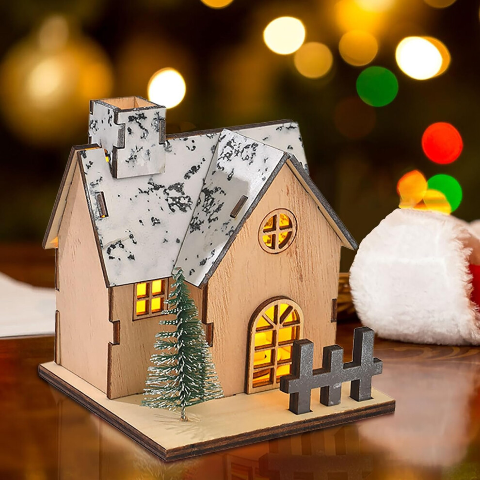 (B) Christmas Ornament Xmas Decoration Christmas Hanging Ornament Christmas Ornaments Christmas Decorations Luminous Wooden Houses LED Wooden Christma